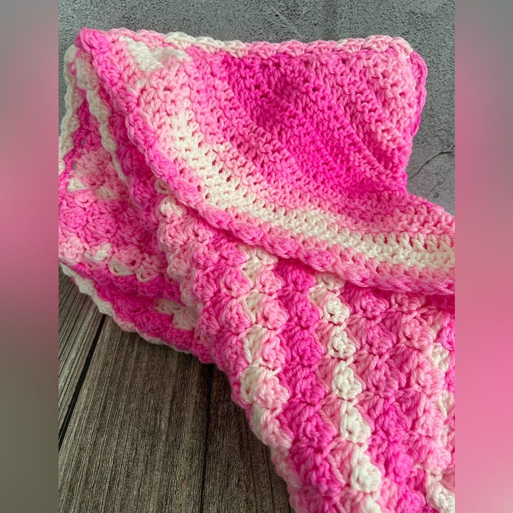 Pink and Cream Hooded Crochet Baby Blanket